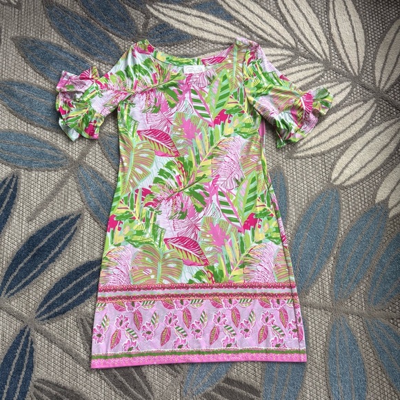 Pappagallo Women’s Tropical Palm Ruffle Sleeve Shift Dress Size Medium Pink - Picture 1 of 5